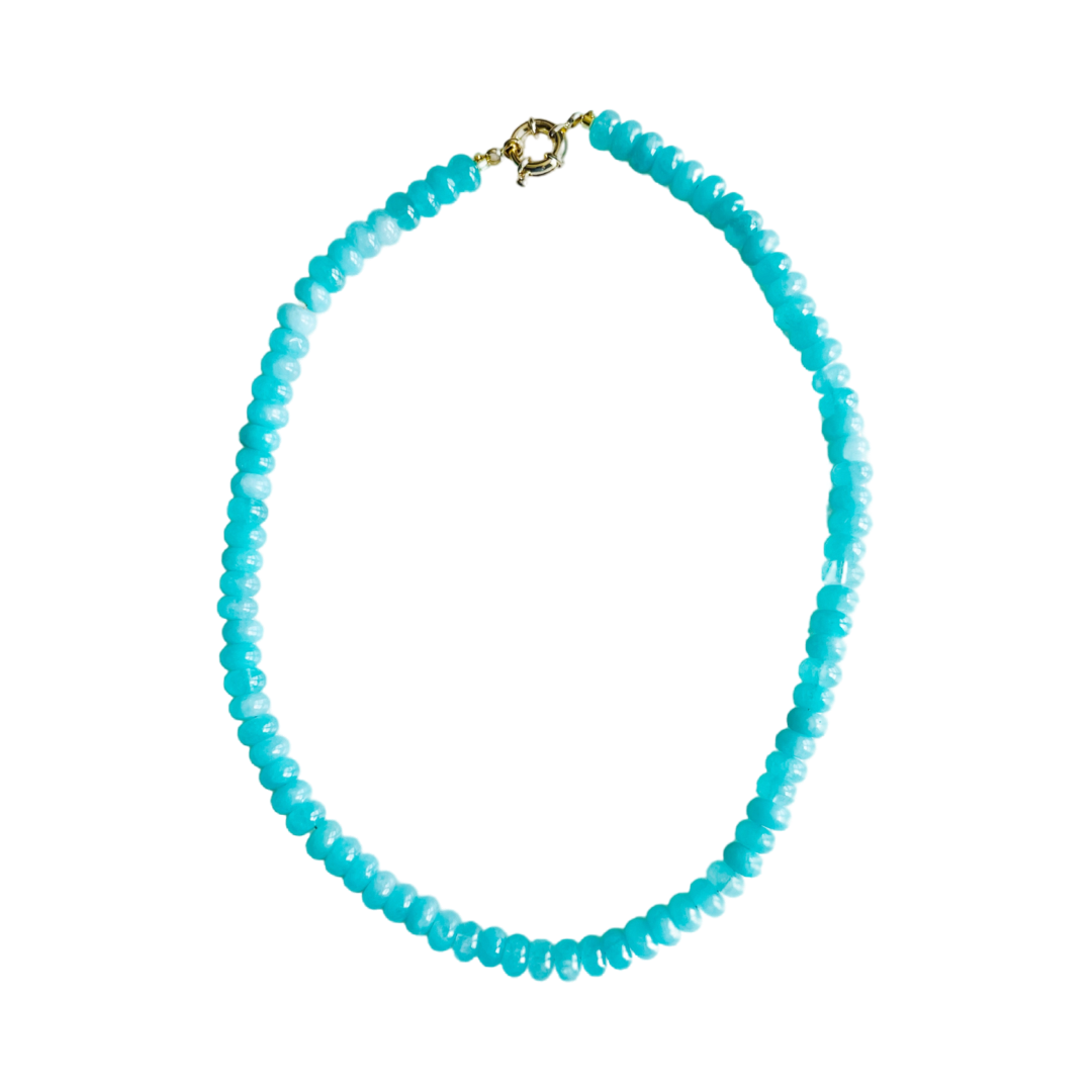 aqua gemstone necklace, aqua blue candy necklace, handmade Charleston jewelry, gold clasp charm necklace, 17 inch beaded necklace, ocean blue gemstone necklace, artisan beaded jewelry, pastel aqua layering necklace, charm-ready necklace, handcrafted aqua blue necklace