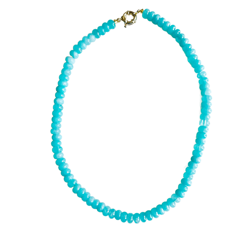 aqua gemstone necklace, aqua blue candy necklace, handmade Charleston jewelry, gold clasp charm necklace, 17 inch beaded necklace, ocean blue gemstone necklace, artisan beaded jewelry, pastel aqua layering necklace, charm-ready necklace, handcrafted aqua blue necklace