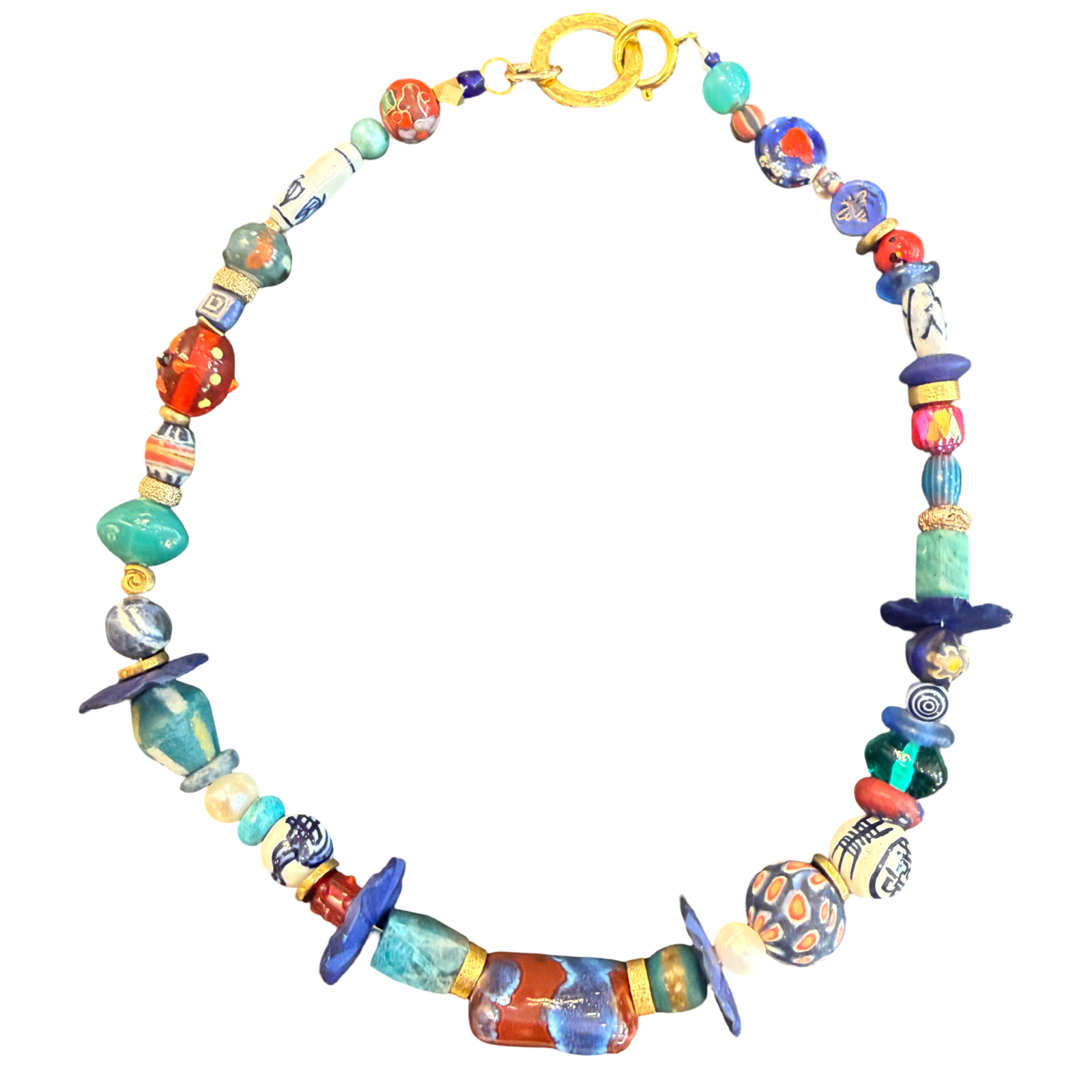 artisan necklace, one of a kind necklace, blue statement necklace, turquoise necklace, porcelain bead necklace, handmade bead necklace, eclectic jewelry, wearable art necklace, colorful statement necklace, collector jewelry, artisan jewelry, boutique necklace, luxury fashion jewelry, unique necklace gift, Oh Meredith jewelry