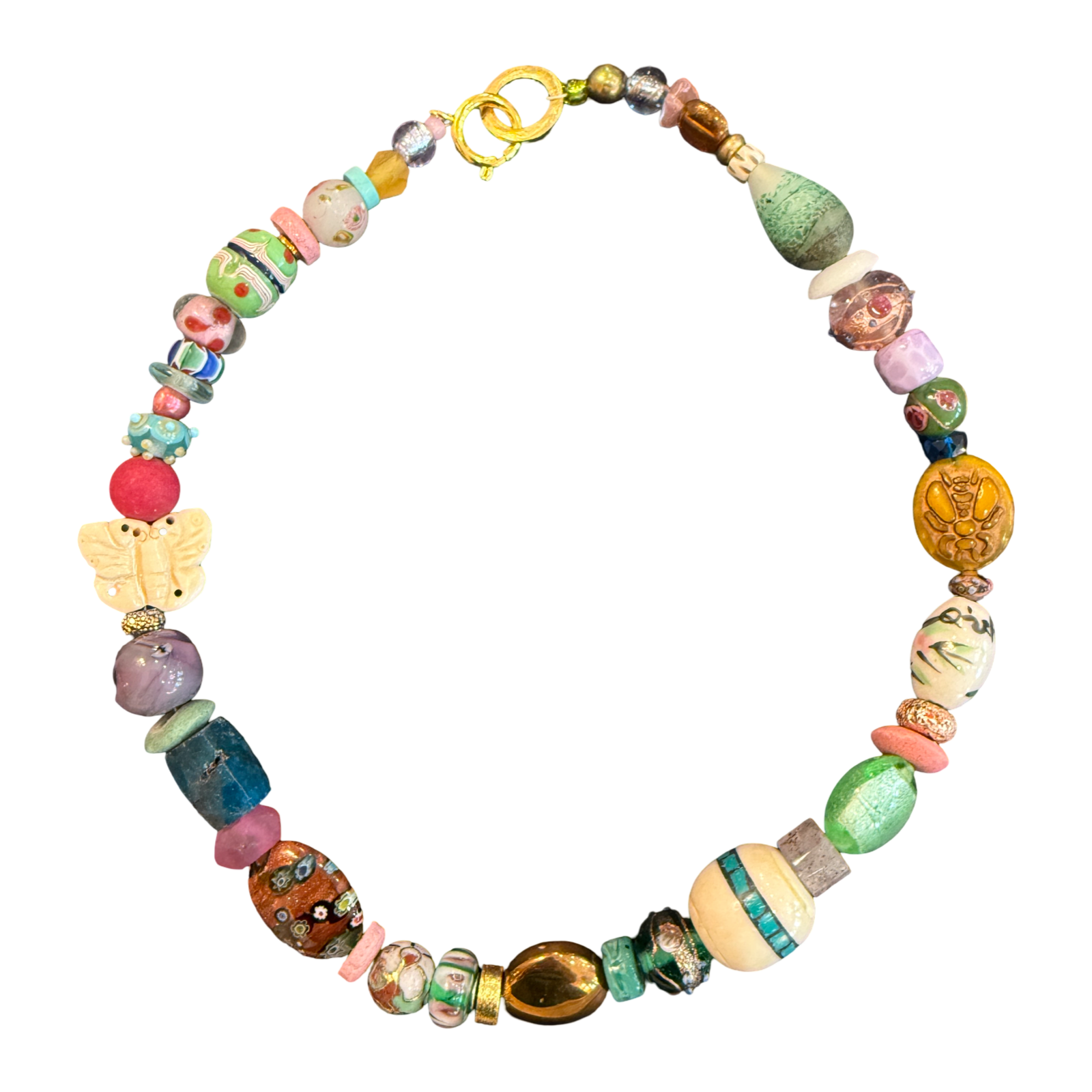 artisan necklace, one of a kind necklace, butterfly necklace, porcelain bead necklace, ceramic bead necklace, handmade statement necklace, colorful necklace, garden inspired jewelry, wearable art, eclectic jewelry, boutique necklace, handcrafted jewelry, unique gift for women, artisan bead necklace, Oh Meredith jewelry