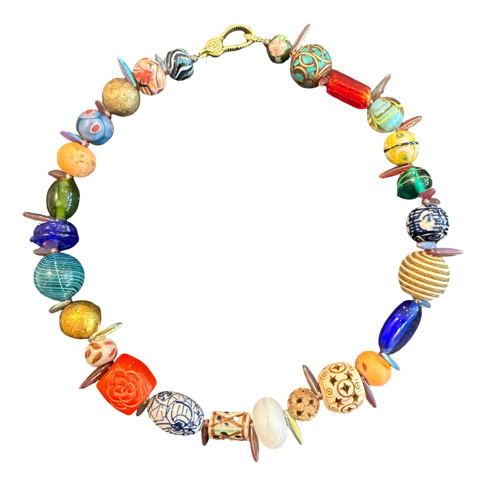 artisan necklace, one of a kind necklace, statement necklace, colorful beaded necklace, porcelain bead necklace, artisan jewelry, wearable art, boutique jewelry, eclectic necklace, mixed bead necklace, vacation style jewelry, collector necklace, luxury artisan necklace, handcrafted necklace, Oh Meredith jewelry