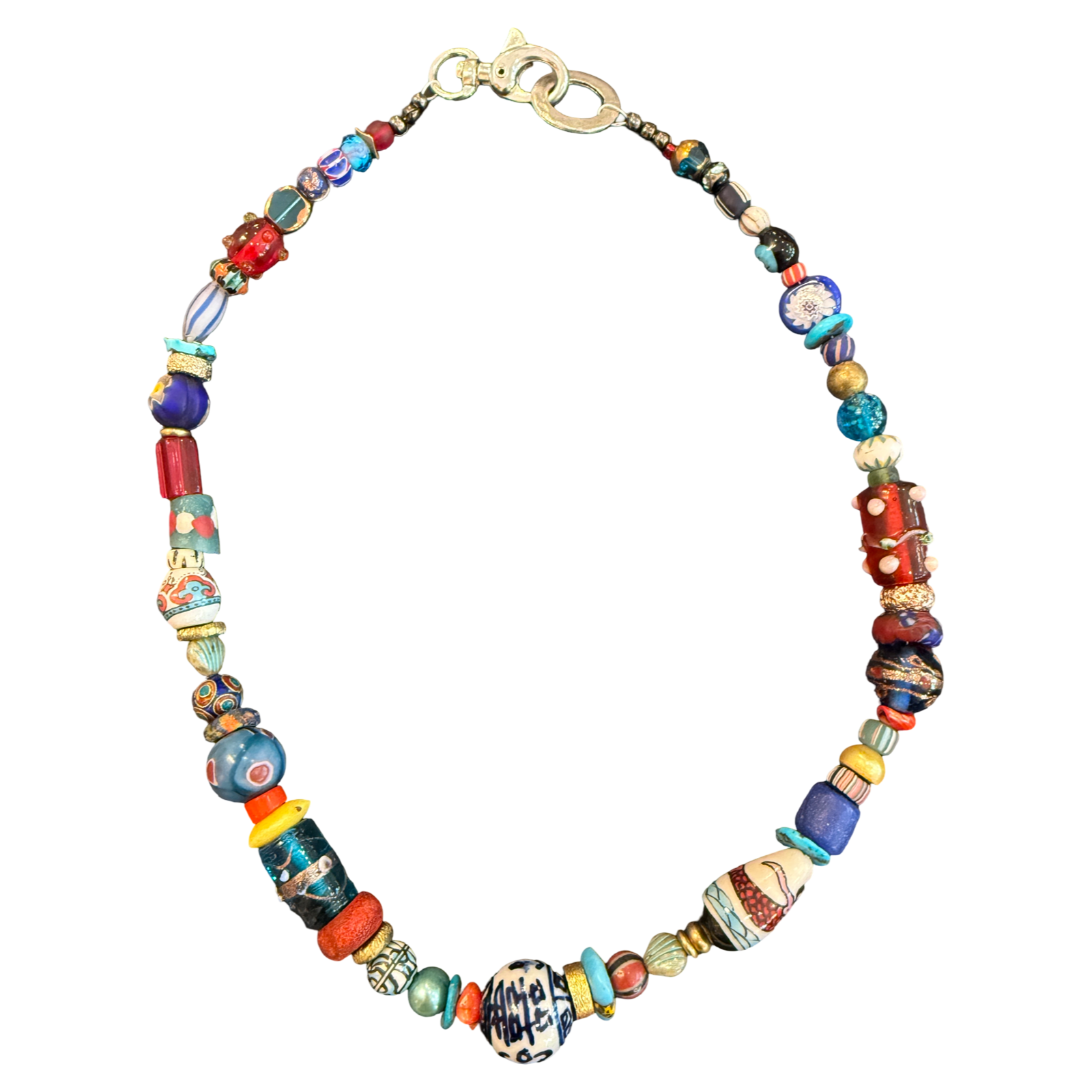 artisan necklace, one of a kind necklace, statement necklace, luxury beaded necklace, porcelain bead necklace, lampwork glass necklace, colorful necklace, artisan jewelry, eclectic jewelry, wearable art, boutique jewelry, mixed bead necklace, collector jewelry, handmade style necklace, Oh Meredith jewelry
