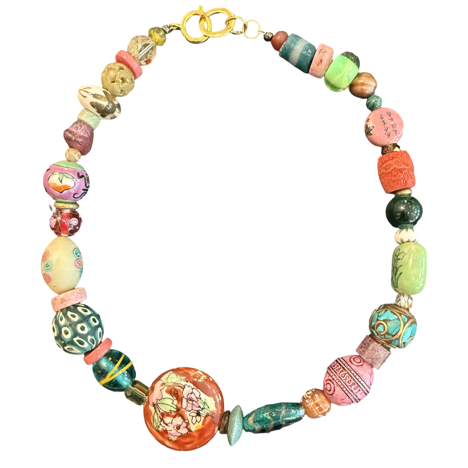 artisan necklace, one of a kind necklace, statement necklace, mixed bead necklace, porcelain bead necklace, ceramic necklace, natural stone necklace, wearable art jewelry, colorful artisan jewelry, boutique necklace, eclectic jewelry, handcrafted style necklace, luxury boutique jewelry, unique beaded necklace, Oh Meredith jewelry