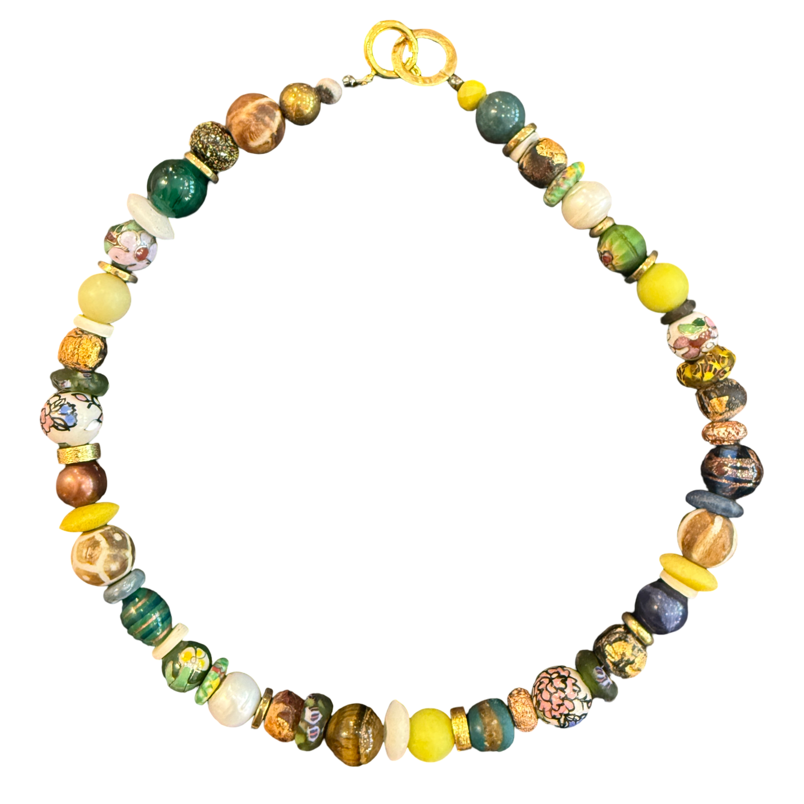 artisan necklace, one of a kind necklace, statement necklace, mixed bead necklace, porcelain bead necklace, lampwork glass necklace, ceramic necklace, colorful artisan jewelry, wearable art necklace, boutique jewelry, eclectic jewelry, handcrafted necklace, blue statement necklace, luxury boutique jewelry, Oh Meredith jewelry