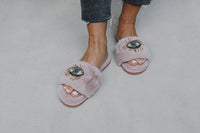 BEADED EVIL EYE SLIPPERS: Pink