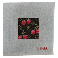 bad bitch needlepoint, cherry needlepoint canvas, lv motif needlepoint, rachel barri needlepoint, self finishing needlepoint, 18 mesh canvas, small needlepoint project, cheeky needlepoint design