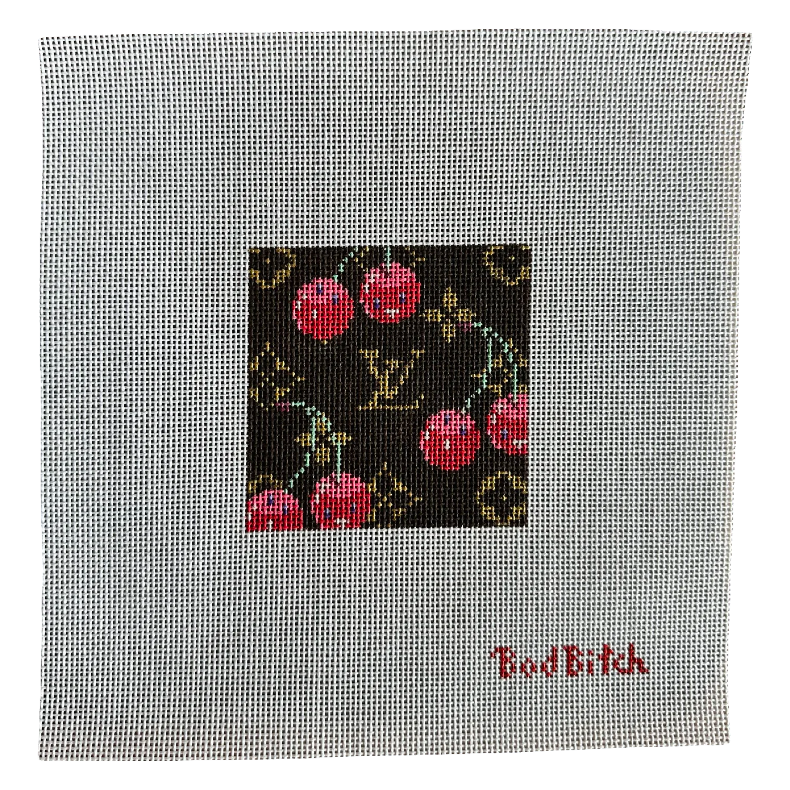 bad bitch needlepoint, cherry needlepoint canvas, lv motif needlepoint, rachel barri needlepoint, self finishing needlepoint, 18 mesh canvas, small needlepoint project, cheeky needlepoint design