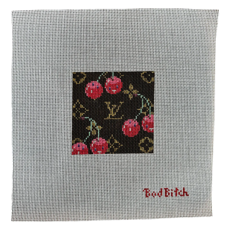 bad bitch needlepoint, cherry needlepoint canvas, lv motif needlepoint, rachel barri needlepoint, self finishing needlepoint, 18 mesh canvas, small needlepoint project, cheeky needlepoint design