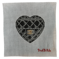 bad bitch needlepoint, quilted heart needlepoint canvas, handbag needlepoint, designer inspired needlepoint, 13 mesh canvas, 5x5 needlepoint project, chic needlepoint canvas, self finishing needlepoint