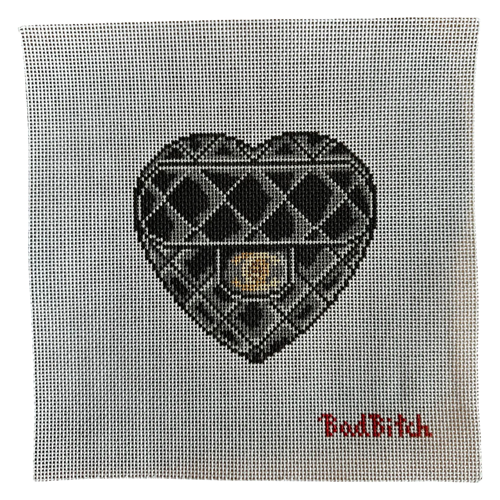 bad bitch needlepoint, quilted heart needlepoint canvas, handbag needlepoint, designer inspired needlepoint, 13 mesh canvas, 5x5 needlepoint project, chic needlepoint canvas, self finishing needlepoint