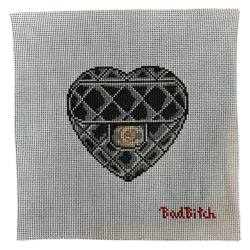 bad bitch needlepoint, quilted heart needlepoint canvas, handbag needlepoint, designer inspired needlepoint, 13 mesh canvas, 5x5 needlepoint project, chic needlepoint canvas, self finishing needlepoint