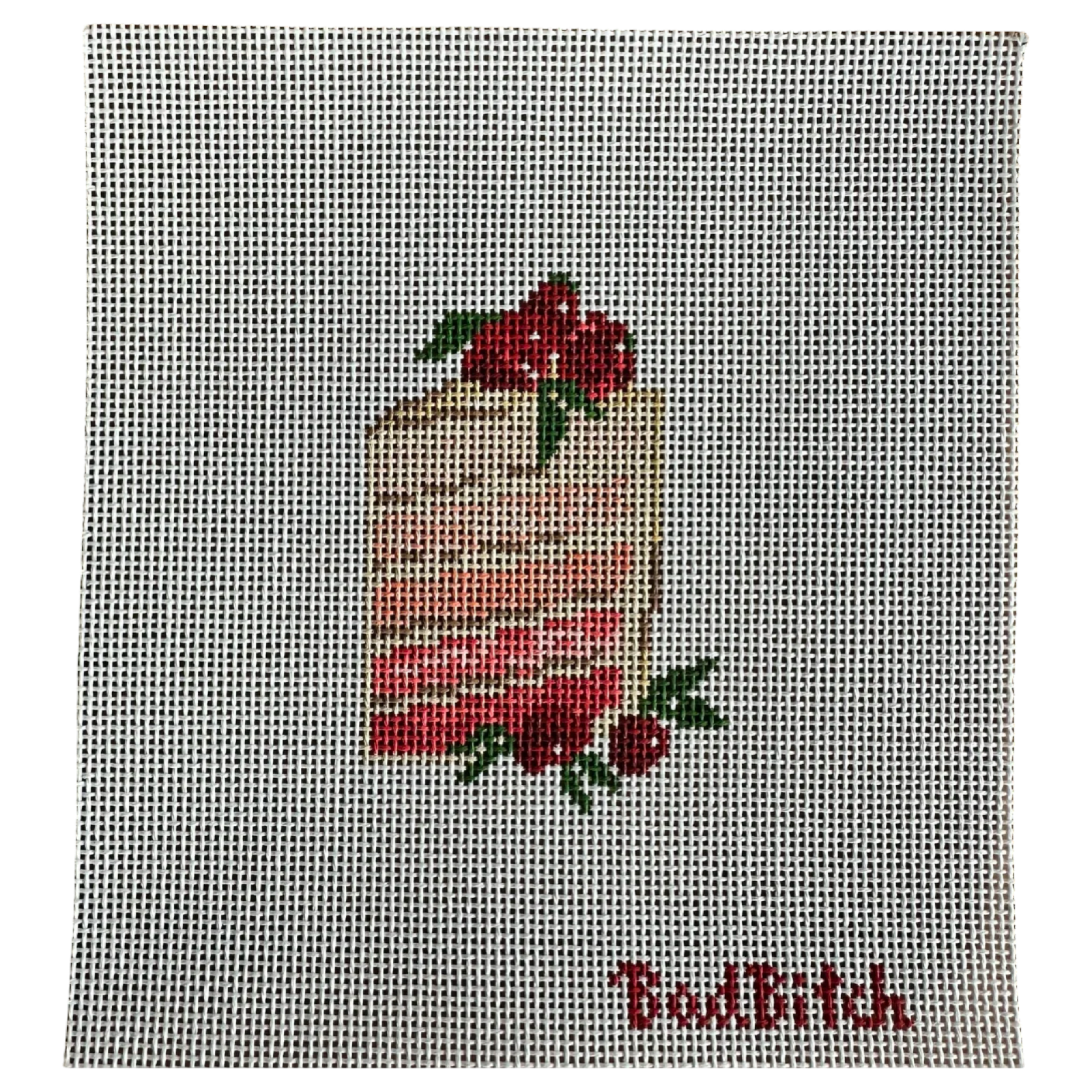 bad bitch needlepoint, strawberry cake needlepoint canvas, dessert needlepoint, food needlepoint design, 13 mesh canvas, 4x3 needlepoint project, sweet needlepoint canvas, collectible needlepoint series