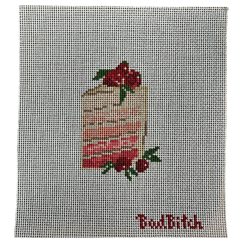 bad bitch needlepoint, strawberry cake needlepoint canvas, dessert needlepoint, food needlepoint design, 13 mesh canvas, 4x3 needlepoint project, sweet needlepoint canvas, collectible needlepoint series