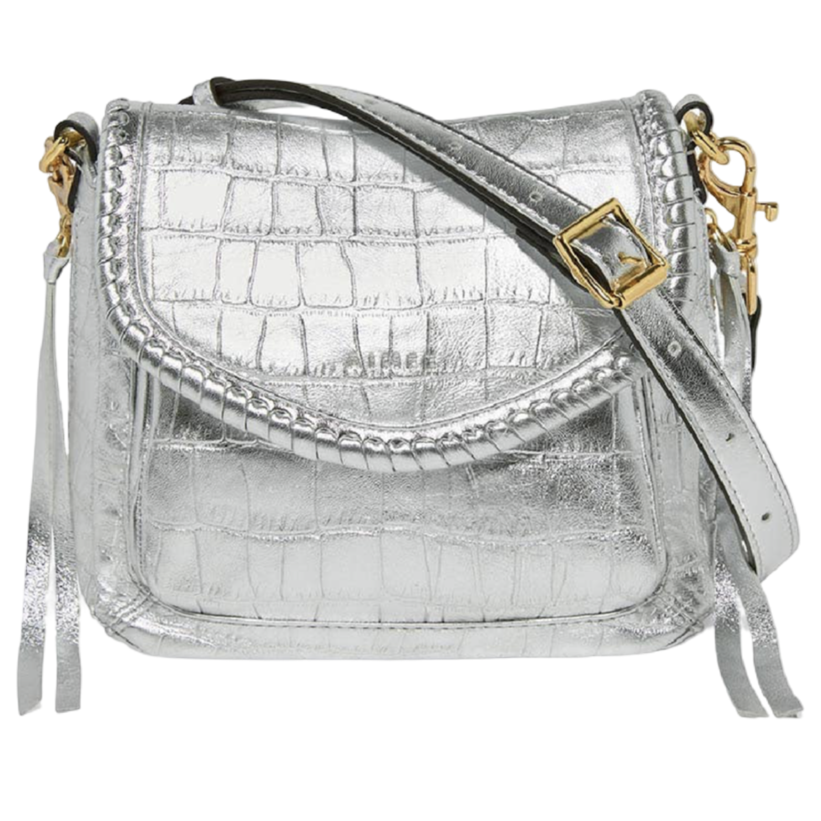 Silver crocodile-patterned handbag with gold accents on a white background