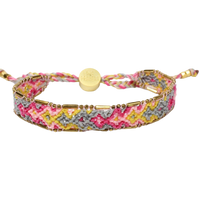 Multicolored braided bracelet with gold accents on a white background