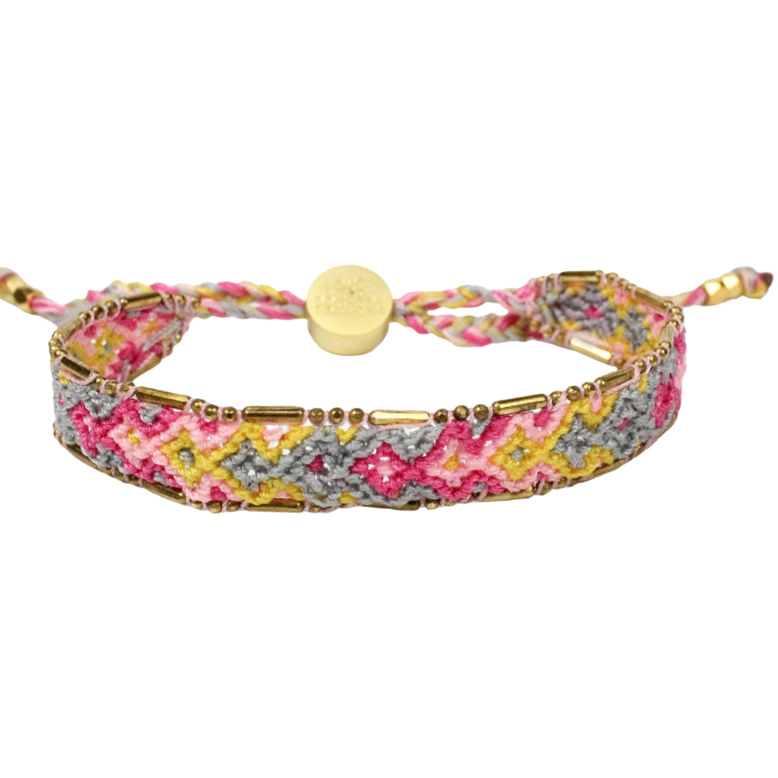 Multicolored braided bracelet with gold accents on a white background