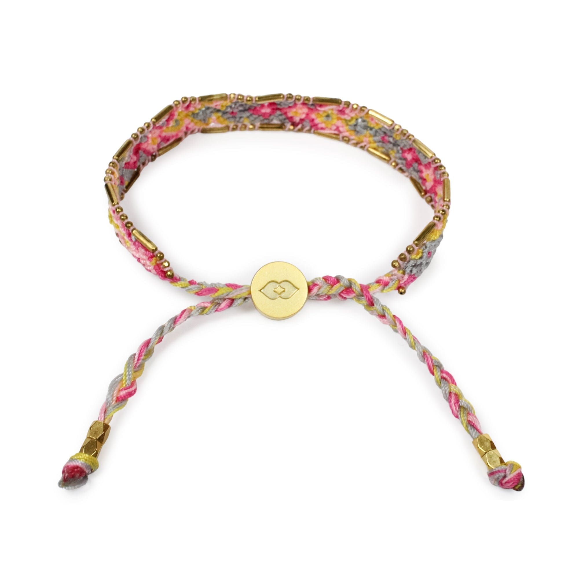 Multicolored braided bracelet with a gold clasp on a white background