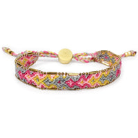 Multicolored braided bracelet with a gold clasp on a white background