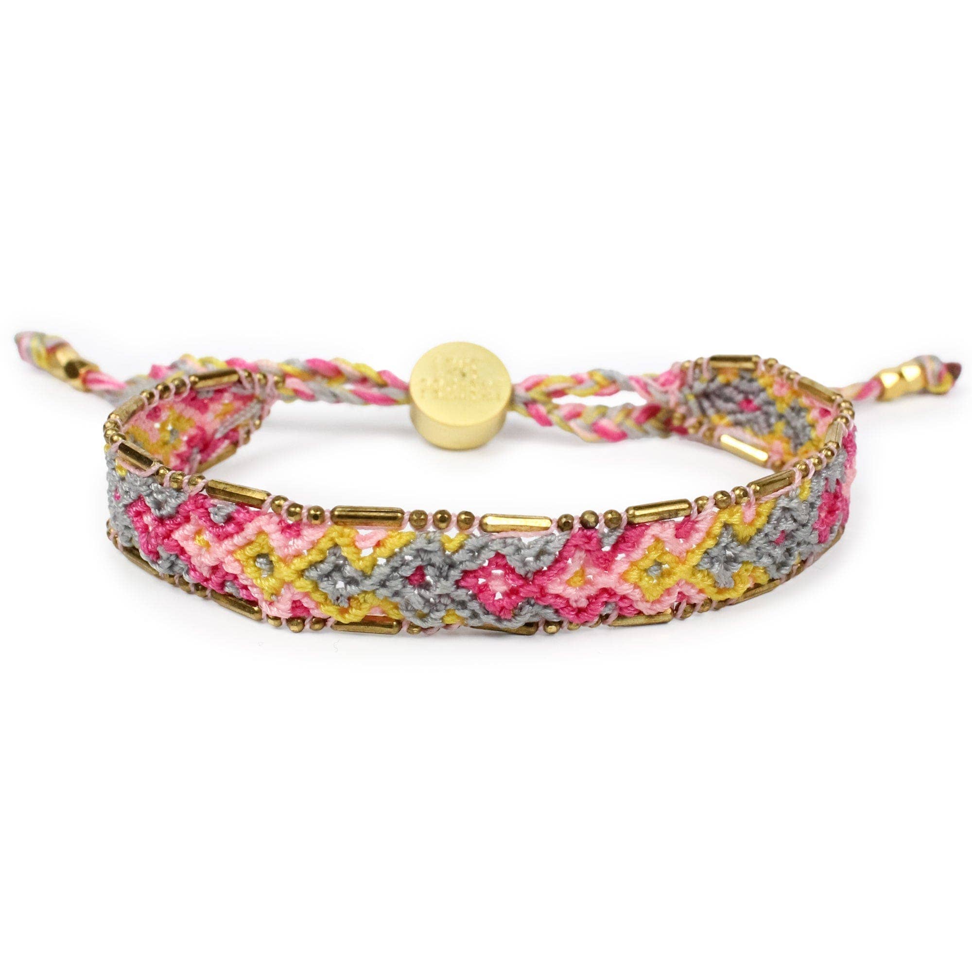 Multicolored braided bracelet with a gold clasp on a white background