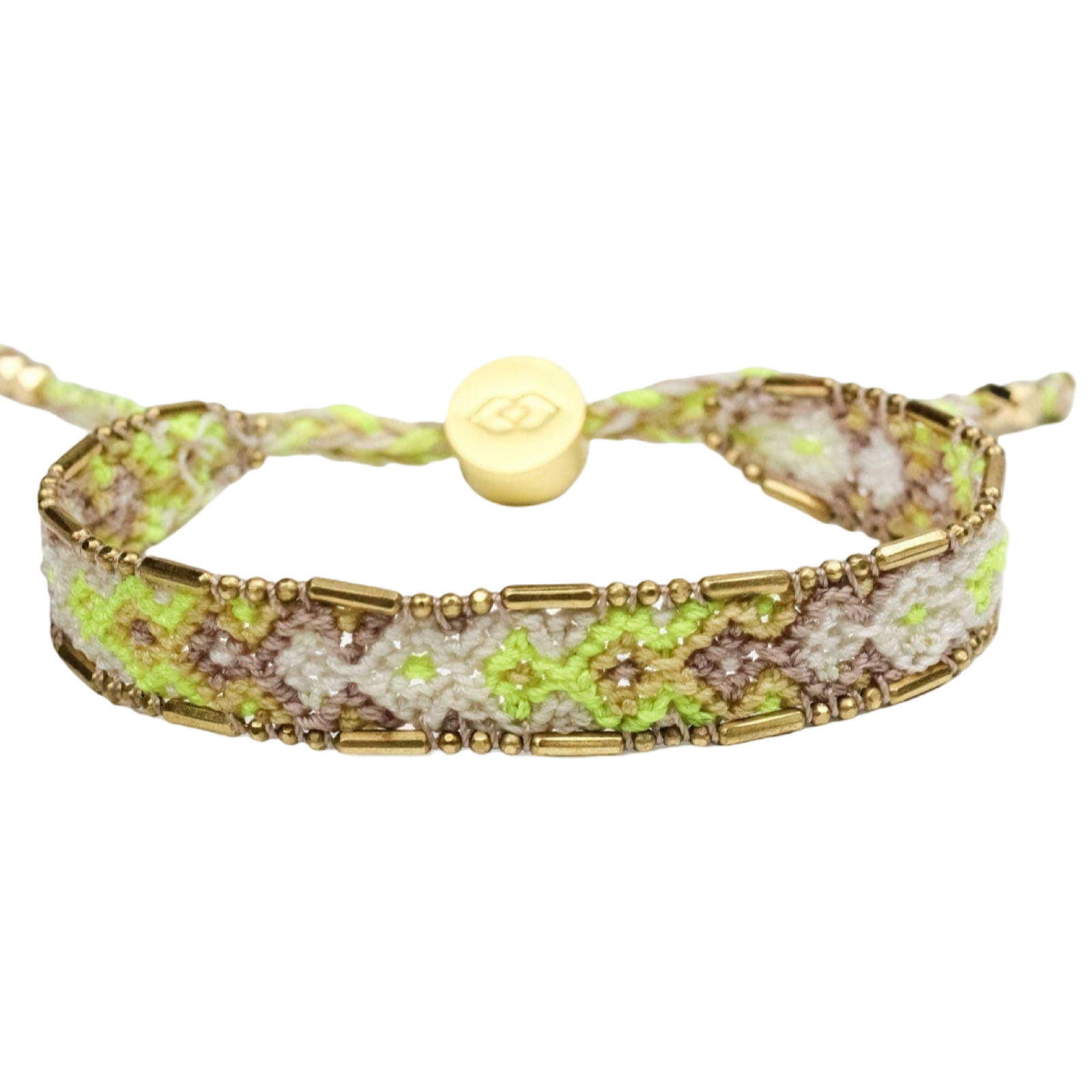 Bracelet with gold accents and green pattern on a white background