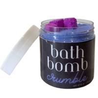 Container of bath bomb crumble purple