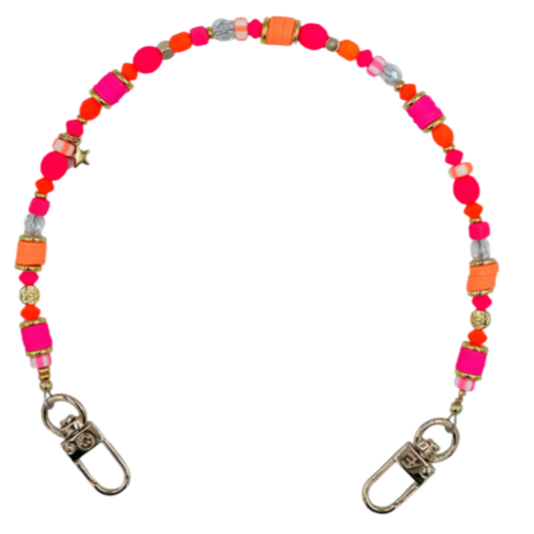 beaded phone wristlet, neon phone charm, hot pink orange phone strap, Vega strap, evil eye phone charm, gold phone chain, handmade in Cape Cod, beaded tech accessories, Detach case compatible, colorful phone accessory, trendy phone wristlet, fun phone holder, bright tech jewelry, star charm strap

