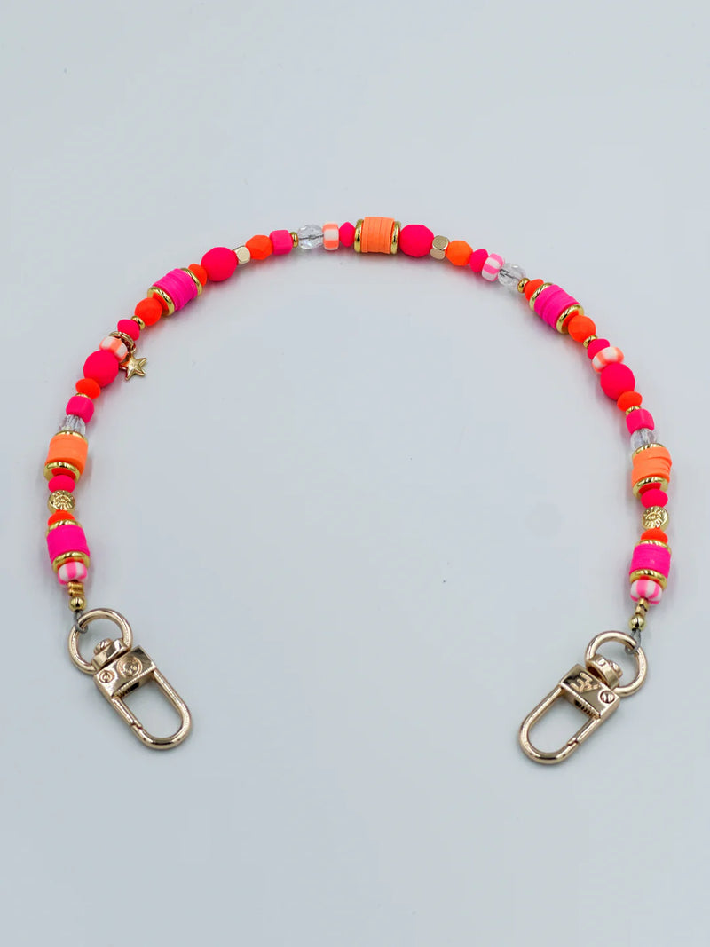 beaded phone wristlet, neon phone charm, hot pink orange phone strap, Vega strap, evil eye phone charm, gold phone chain, handmade in Cape Cod, beaded tech accessories, Detach case compatible, colorful phone accessory, trendy phone wristlet, fun phone holder, bright tech jewelry, star charm strap
