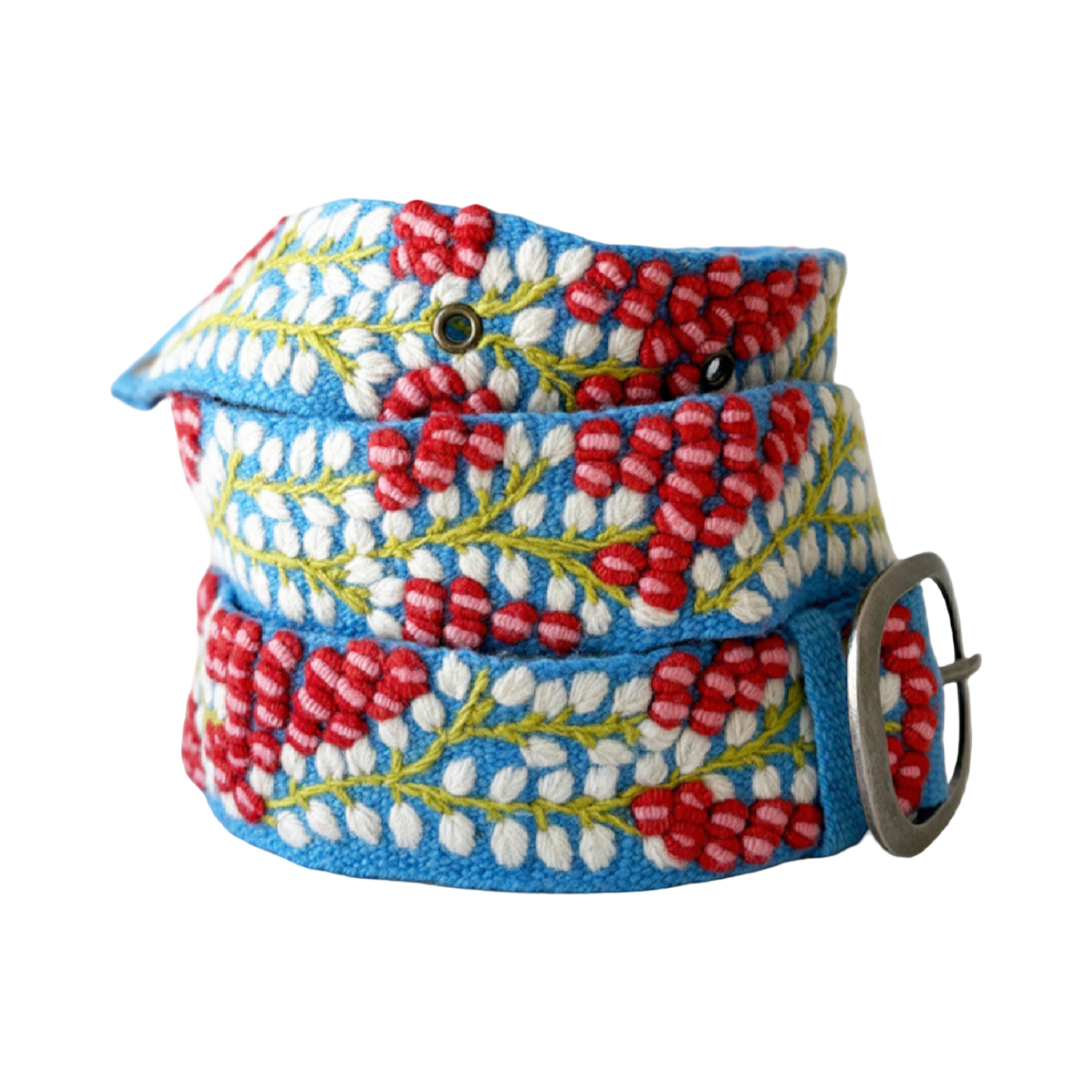 Bright blue embroidered wool belt with dimensional red berries, white leaves, green vines, and a lead-free metal buckle.