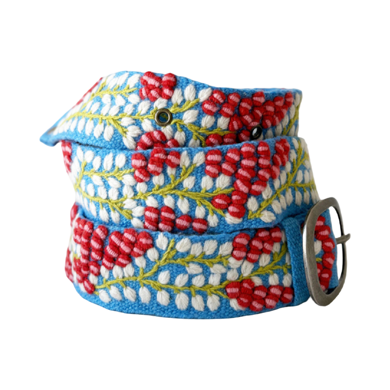 Bright blue embroidered wool belt with dimensional red berries, white leaves, green vines, and a lead-free metal buckle.
