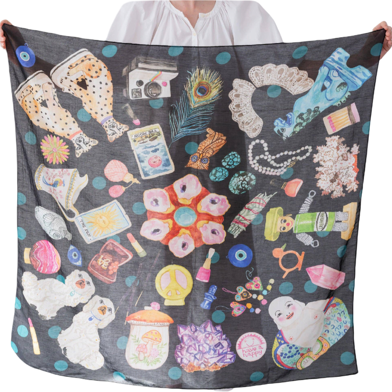 betsy olmsted scarf, little things scarf, vintage inspired scarf, bohemian scarf, silk style scarf, art scarf, collectible inspired fashion, statement scarf, giftable accessories