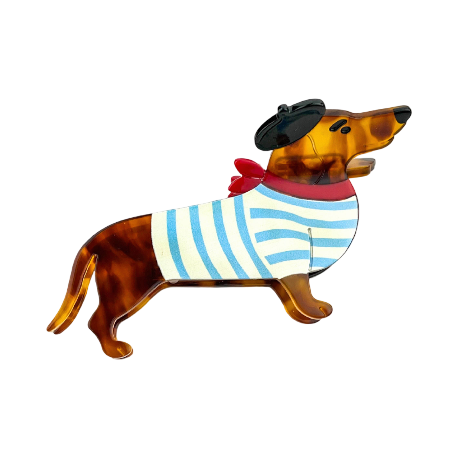 Blue acetate dachshund-shaped hair claw clip featuring a playful black beret detail.