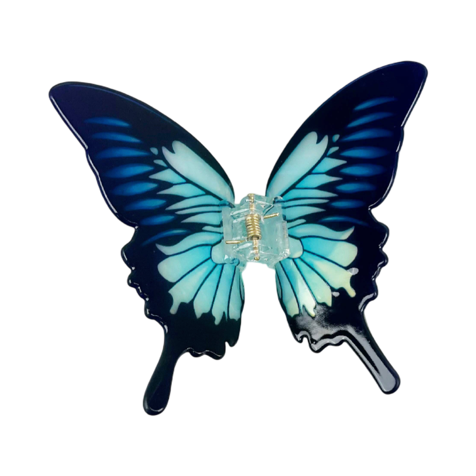 Blue acetate large butterfly-shaped hair claw clip with sculptural wings and a secure claw closure.
