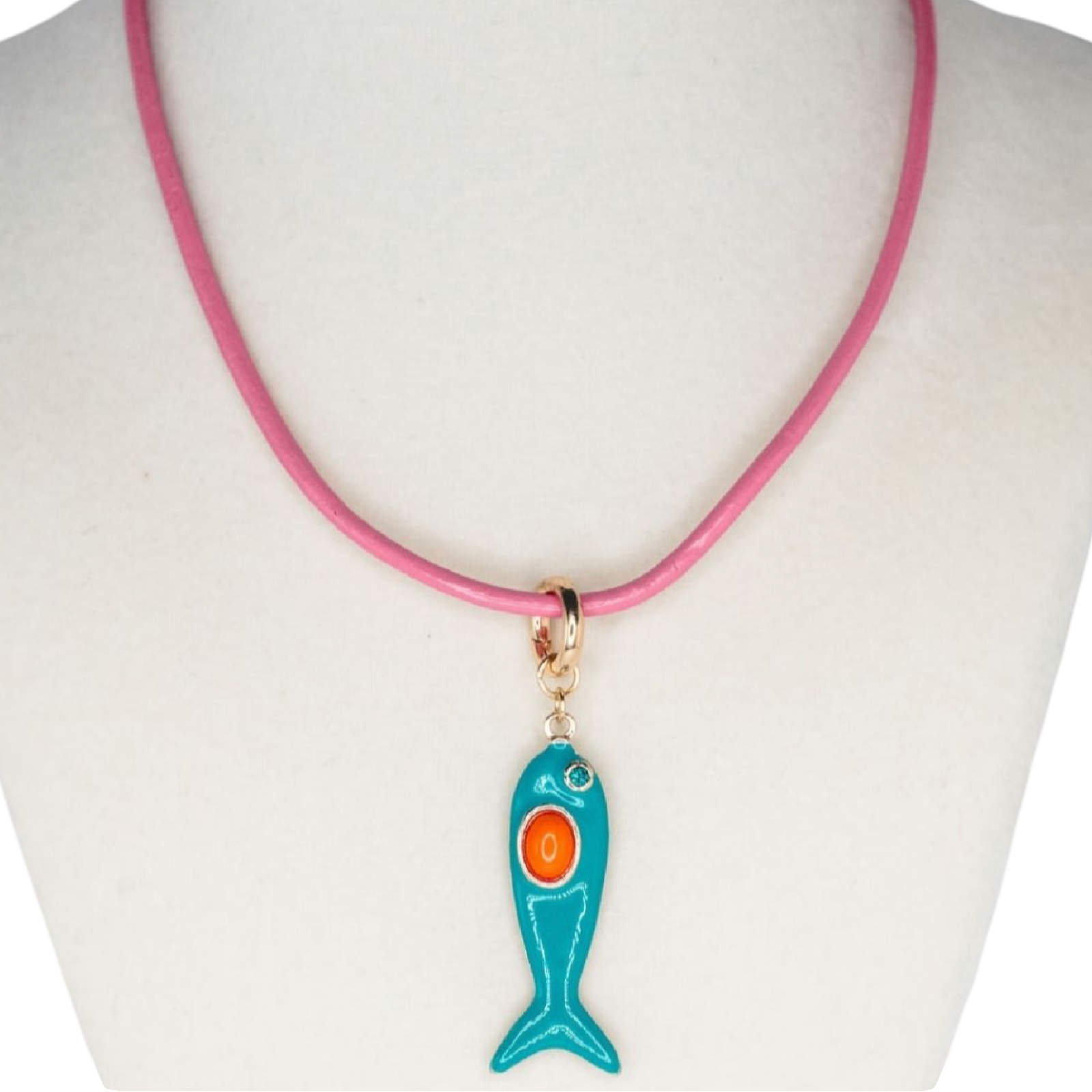 Necklace with a blue fish pendant on a mannequin