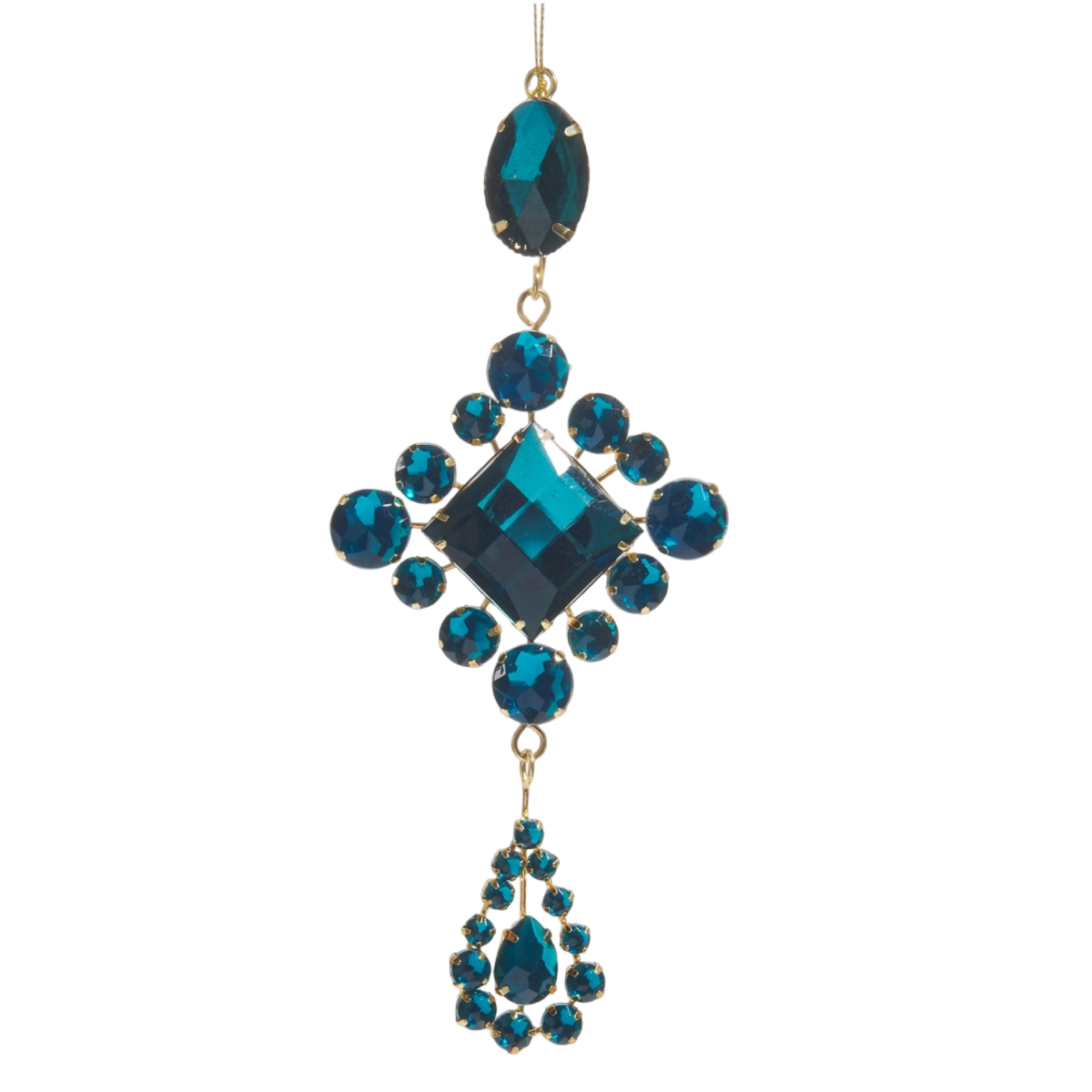 blue jeweled ornament, jeweled drop ornament, blue Christmas ornament, Raz Imports ornament, luxe holiday décor, blue holiday decorations, metal drop ornament, elegant Christmas ornament, blue jeweled drop