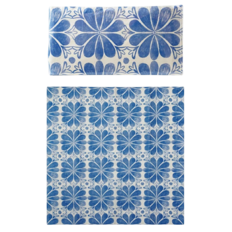 Blue floral patterned fabric on a white background