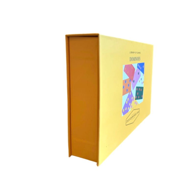 boxed dominoes game, tabletop dominoes set, stylish dominoes gift, classic domino game, colorful wooden dominoes, gold foil domino set, family game night essentials, design-focused dominoes, giftable board games, modern domino set