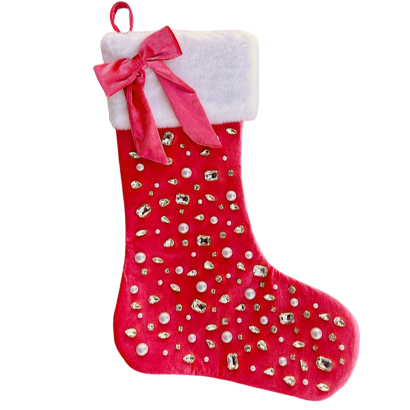 Brianna Cannon Bejeweled Red Holiday Christmas Stocking with white trim and a red bow