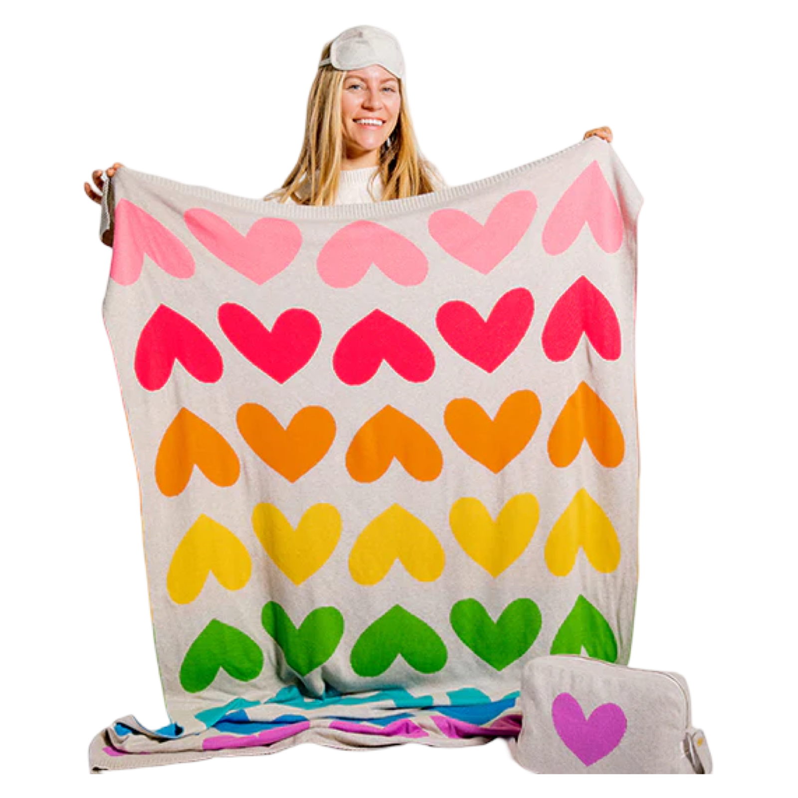 bright hearts travel blanket, pink lemonade blanket set, rainbow heart blanket, organic cotton blanket set, colorful travel accessories, gots certified blanket, sustainable travel blanket, playful travel essentials