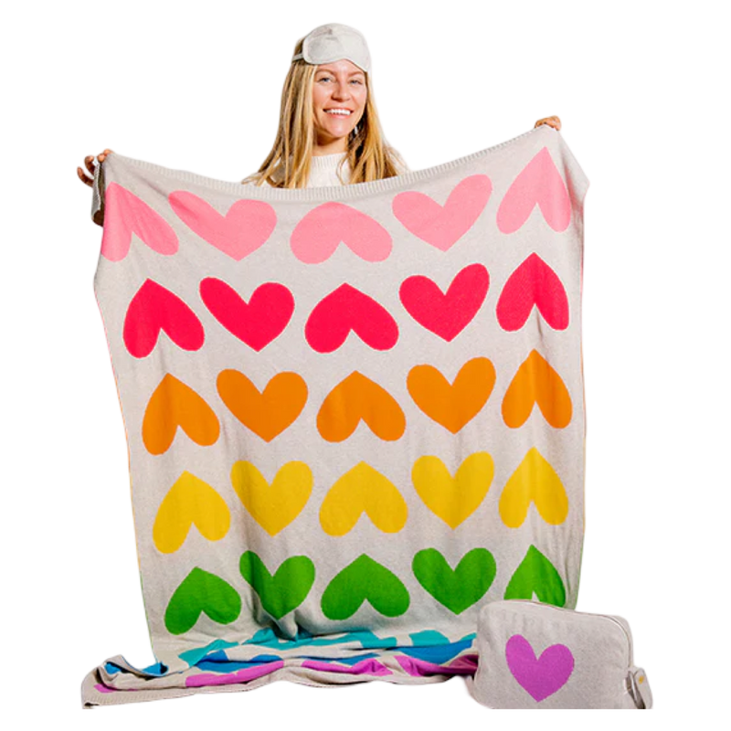 bright hearts travel blanket, pink lemonade blanket set, rainbow heart blanket, organic cotton blanket set, colorful travel accessories, gots certified blanket, sustainable travel blanket, playful travel essentials