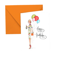 brittany fuson illustrated happy birthday card fashion girl holding champagne and balloons