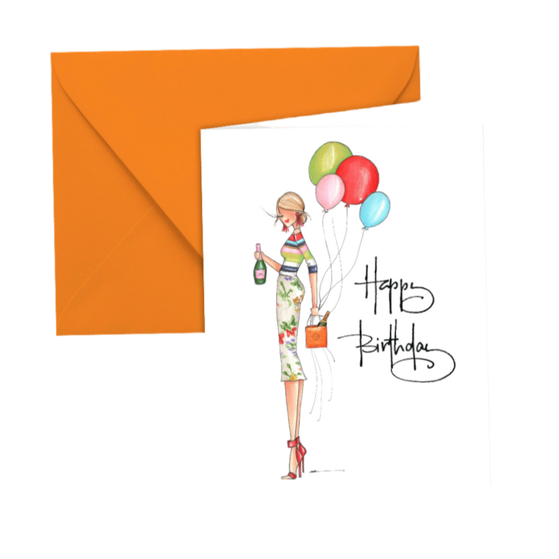 brittany fuson illustrated happy birthday card fashion girl holding champagne and balloons