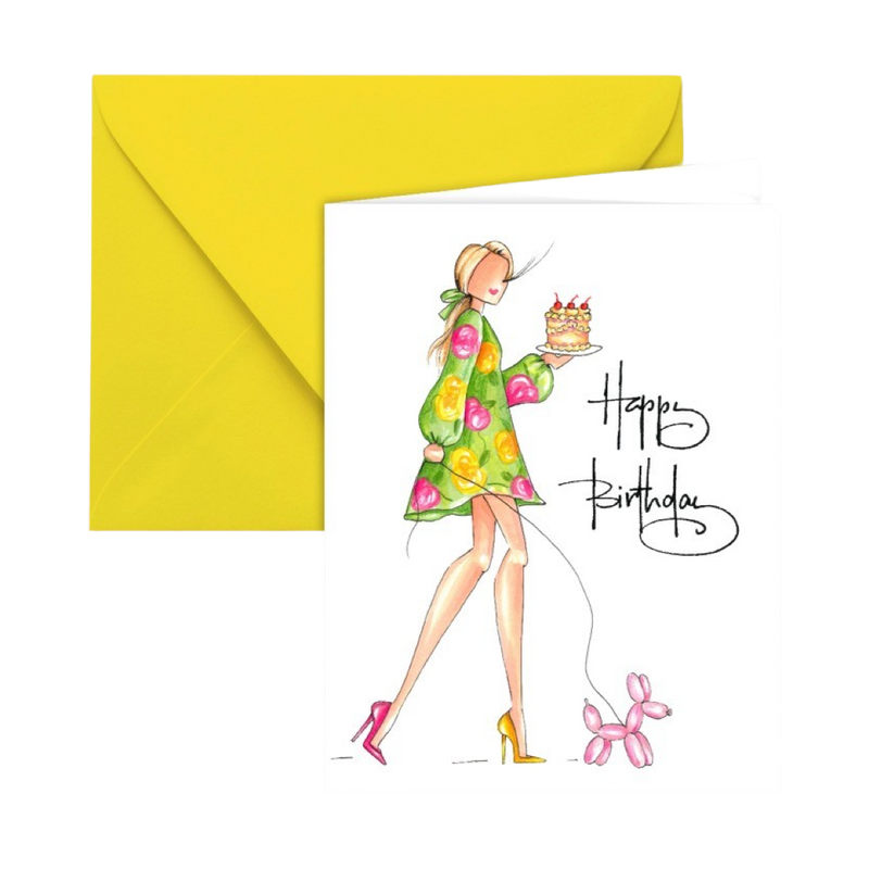 fashion girl balloon dog happy birthday card