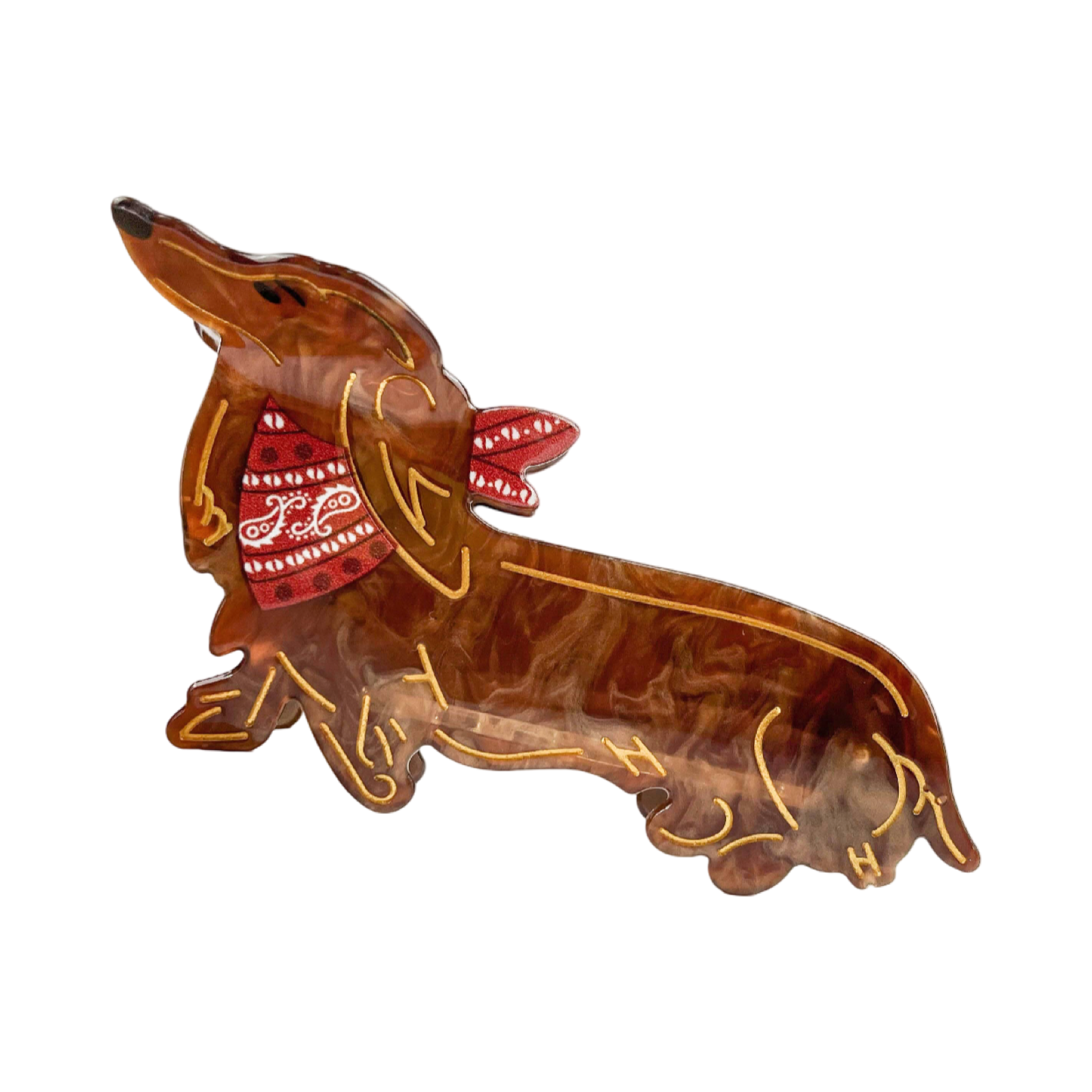 Brown dachshund-shaped hair claw clip featuring a bright red necktie detail.