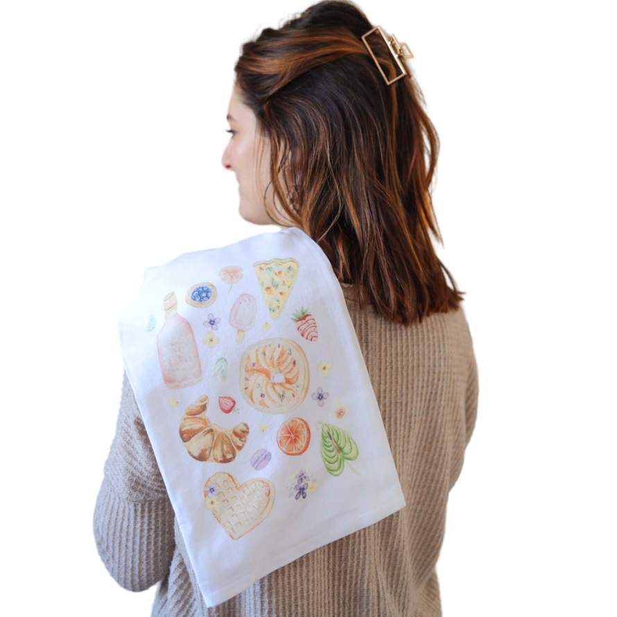 brunch tea towel, flour sack cotton towel, absorbent kitchen towel, soft cotton dish towel, decorative flour sack towel, brunch-themed kitchen decor, eco-friendly tea towel, durable dish towel for spills, stylish cotton hand towel, farmhouse kitchen towel