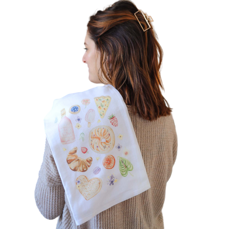 brunch tea towel, flour sack cotton towel, absorbent kitchen towel, soft cotton dish towel, decorative flour sack towel, brunch-themed kitchen decor, eco-friendly tea towel, durable dish towel for spills, stylish cotton hand towel, farmhouse kitchen towel