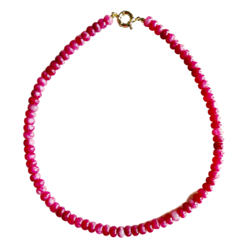 bubblegum pink gemstone necklace, pink candy necklace, 17 inch charm necklace, gold clasp beaded necklace, handmade jewelry Charleston, bright pink beaded necklace, gemstone layering necklace, artisan charm-ready necklace, pastel pink beaded necklace, bubblegum pink gold jewelry