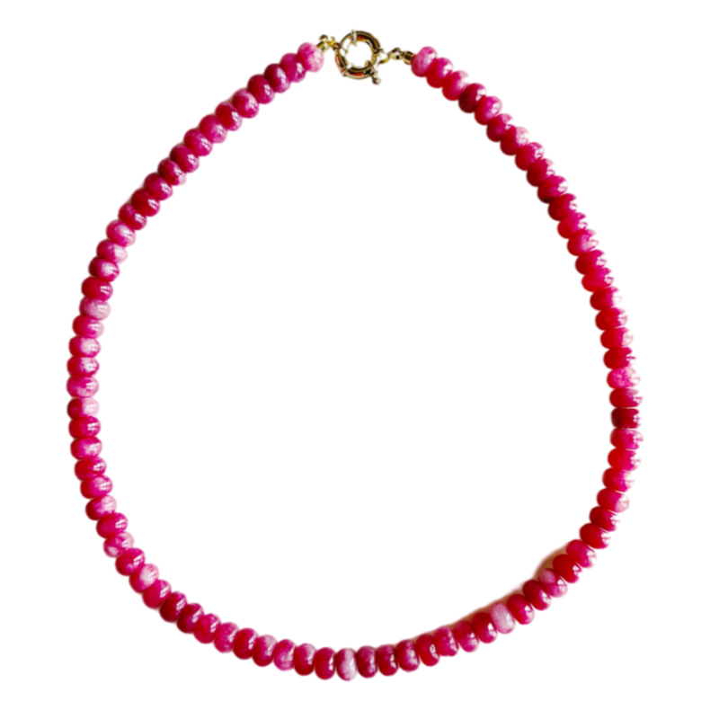 bubblegum pink gemstone necklace, pink candy necklace, 17 inch charm necklace, gold clasp beaded necklace, handmade jewelry Charleston, bright pink beaded necklace, gemstone layering necklace, artisan charm-ready necklace, pastel pink beaded necklace, bubblegum pink gold jewelry