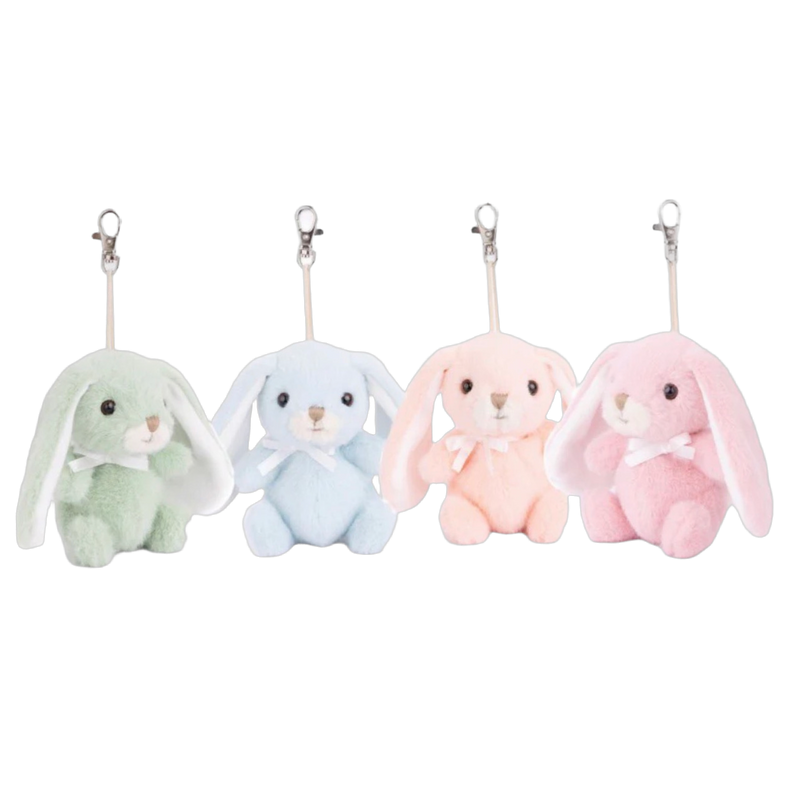 Four pastel-colored bunny plush keychains on a white background