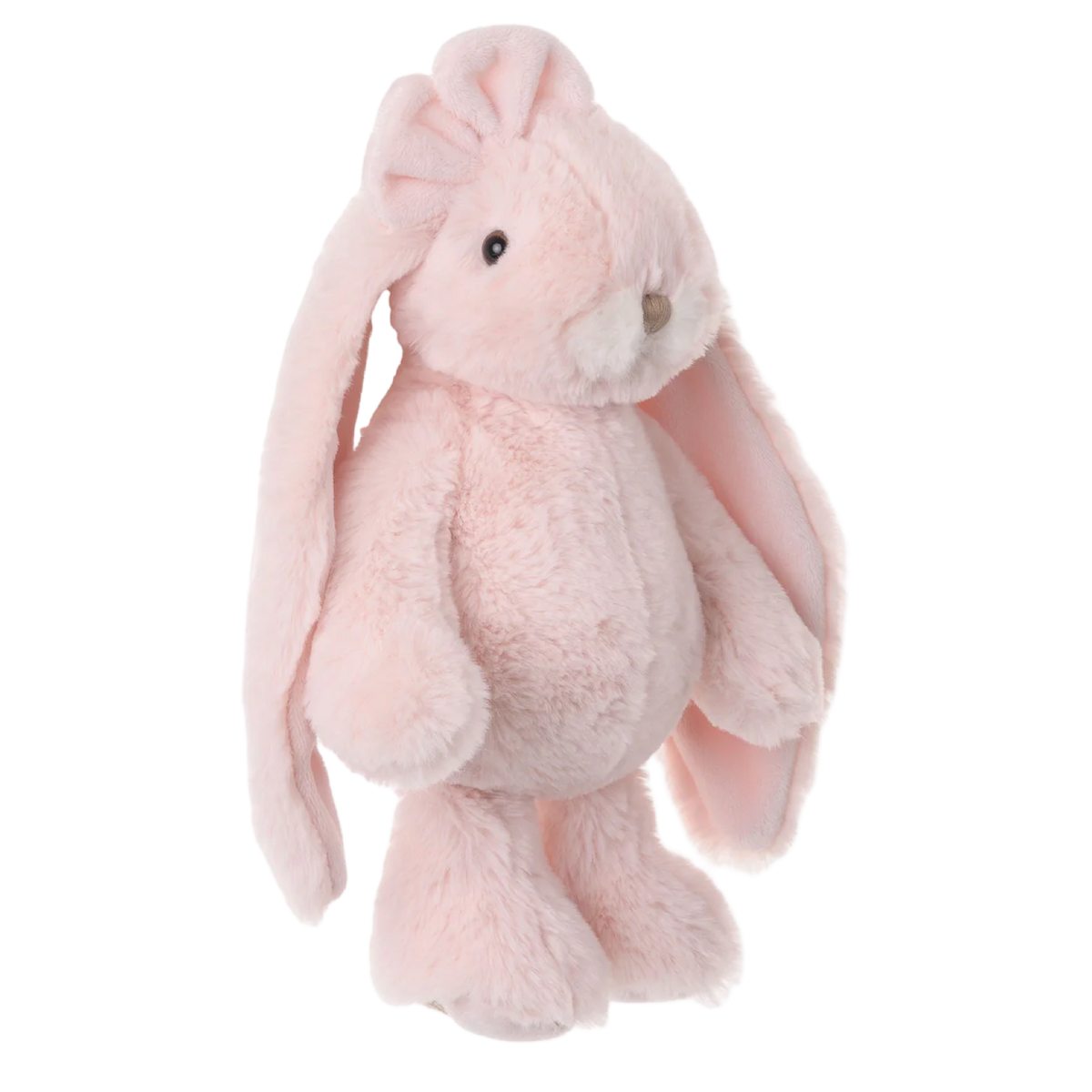 Pink plush bunny toy on a white background