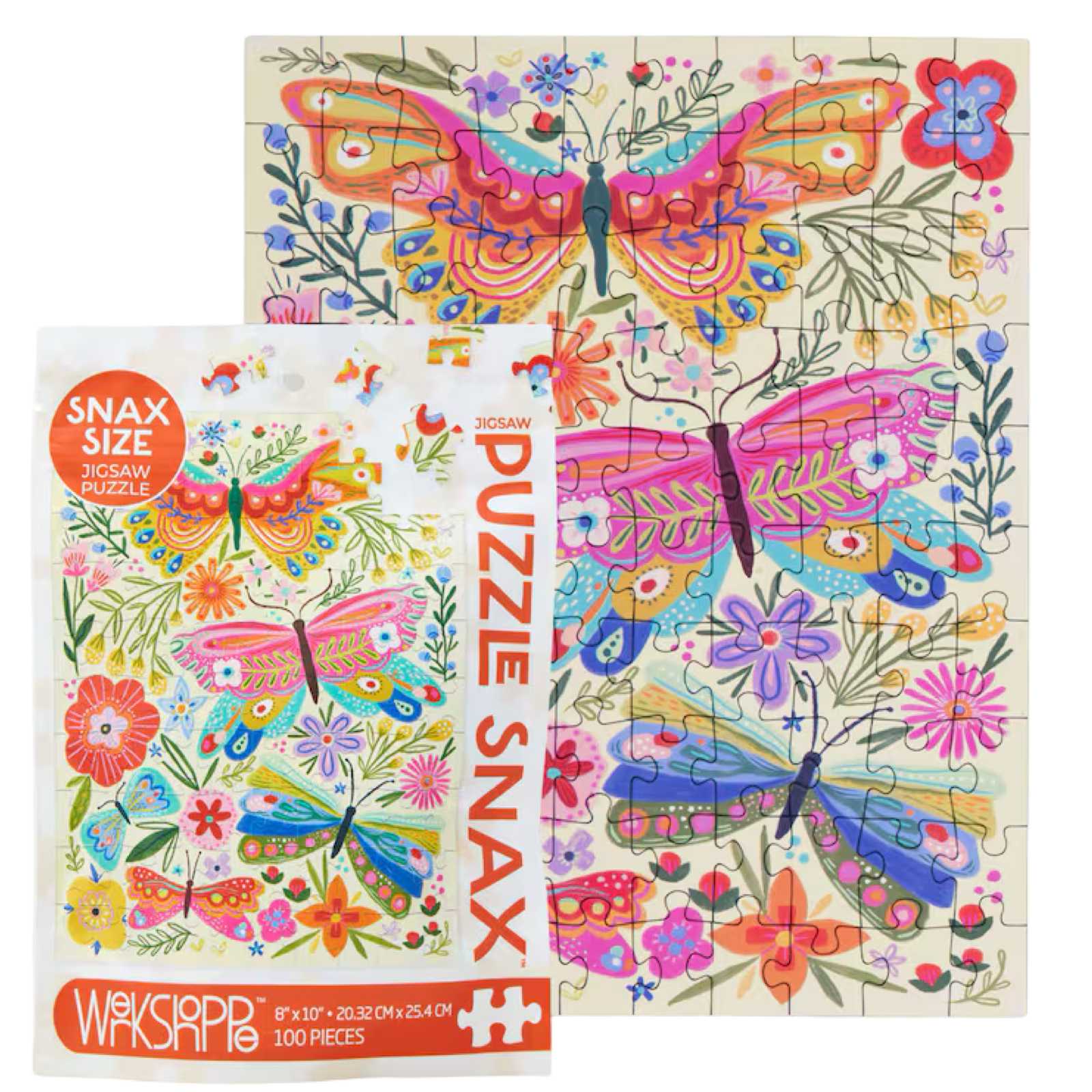 Colorful butterfly and flower puzzle with packaging on a white background